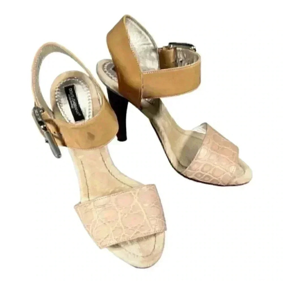 Dolce & Gabbana Sandals Beige Tan Women's 6 Leather Snake Heel Open Toe 36 - Picture 1 of 9